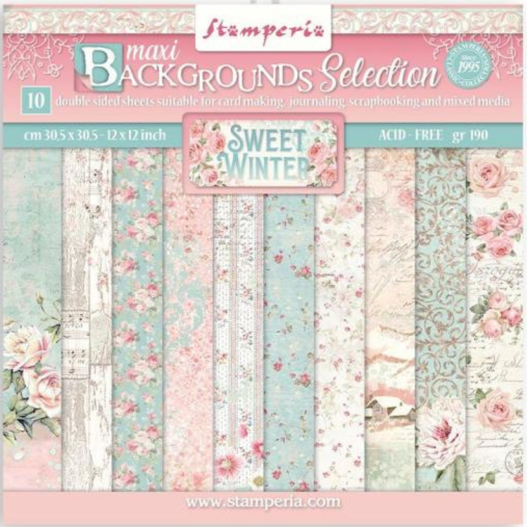Pink and green floral theme. Sweet Winter Stamperia Scrapbooking Cardstock Paper Set.  12x12 inch Pad. These beautiful high quality papers by Stamperia are themed sets with coordinating designs