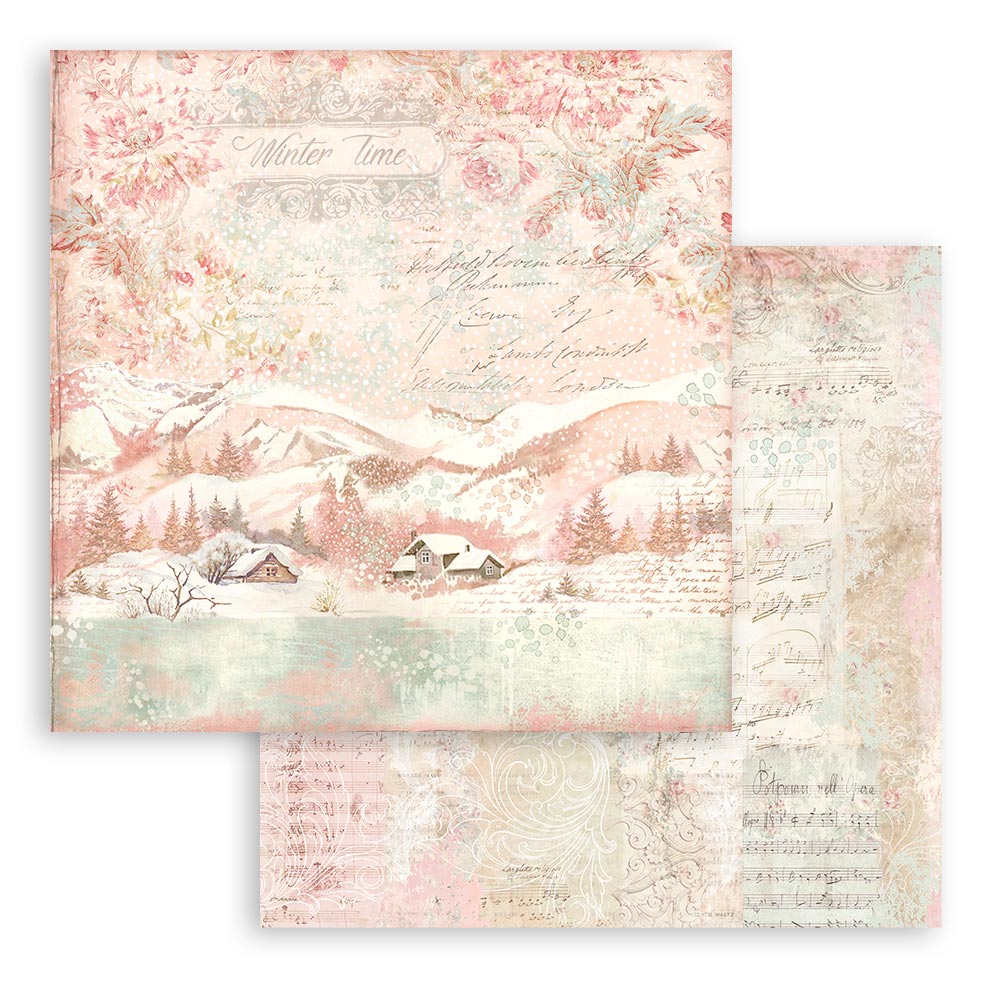 Pink and green floral theme. Sweet Winter Stamperia Scrapbooking Cardstock Paper Set.  12x12 inch Pad. These beautiful high quality papers by Stamperia are themed sets with coordinating designs