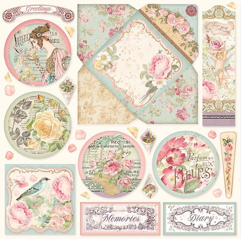 Beautiful Rose Parfum Stamperia Scrapbooking Paper Set. These beautiful high quality papers by Stamperia are themed sets with coordinating designs.