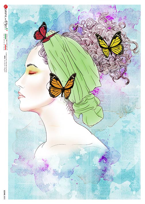 This Beautiful Woman & Butterflies A5 Rice Paper is of Exquisite Quality for Decoupage crafts. Thin yet durable. Imported from Europe. Beautiful colors, great patterns