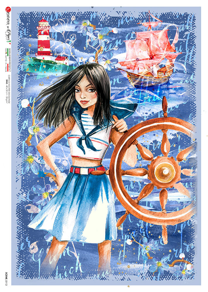 This Nautical Girl A5 Rice Paper is of Exquisite Quality for Decoupage crafts. Thin yet durable. Imported from Europe. Beautiful colors, great patterns, exceptional strength