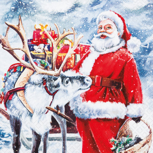 These Santa with Reindeer Christmas Decoupage Paper Napkins are Imported from Europe. Ideal for Decoupage Crafting