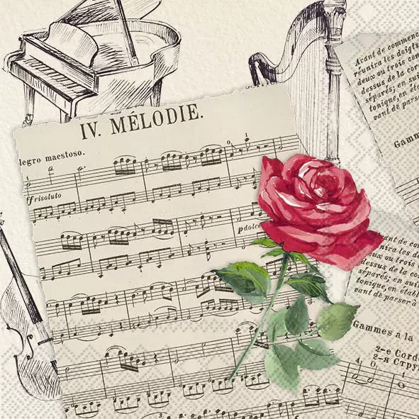 These Symphony Cream sheet music and piano with Red Rose Decoupage Paper Napkins are of exceptional quality and imported from Europe. They are 3-ply. Ideal for Decoupage Crafting, DIY 