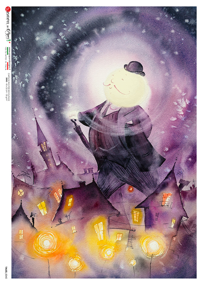 Gentleman walking in lamp lit town at moonlight. This beautiful European Paper Designs Italy Rice Paper is of exquisite Quality for Decoupage art