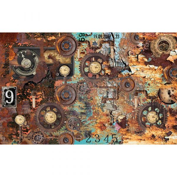 Rust color and teal clocks and gears, ReDesign with Prima Décor Tissue Paper for Decoupage