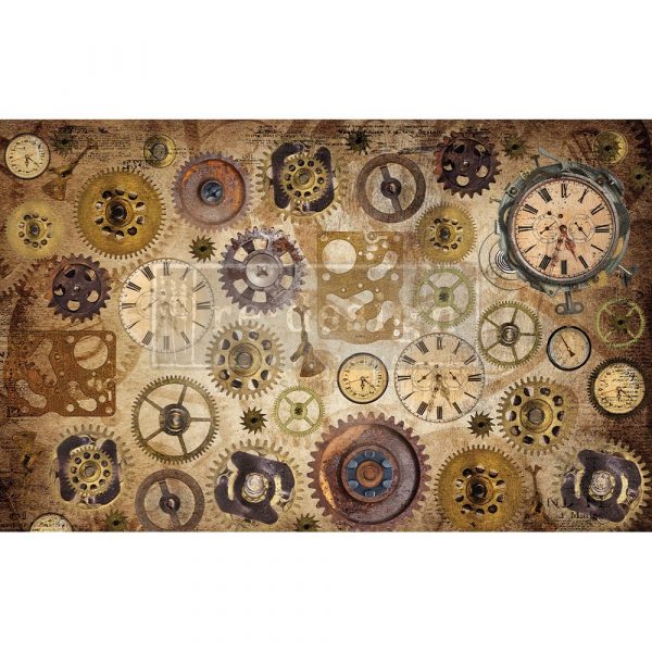 Brown and tan clocks and gears. ReDesign with Prima Décor Tissue Paper for Decoupage