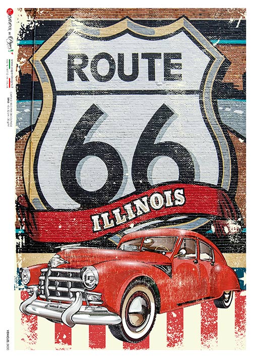 This Route 66 A5 Red Car Rice Paper is of Exquisite Quality for Decoupage crafts. Thin yet durable. Imported from Europe. Beautiful colors, great patterns