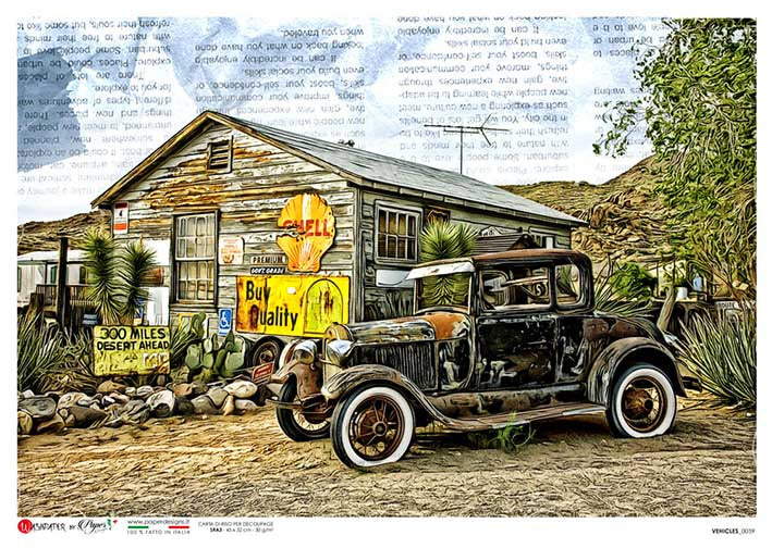 Vintage farm house with old model T car and yellow gas signs European Paper Designs Italy Rice Paper is of exquisite Quality for Decoupage art