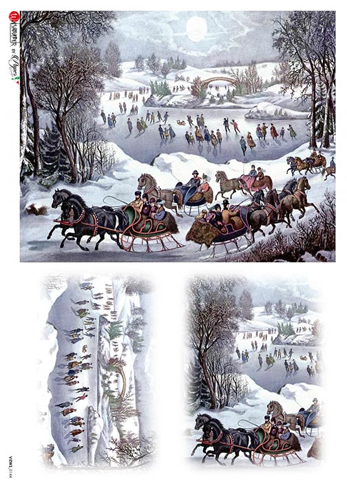 Victorian Ice Skating and horse carriages in the snow European Paper Designs Italy Rice Paper is of exquisite Quality for Decoupage art