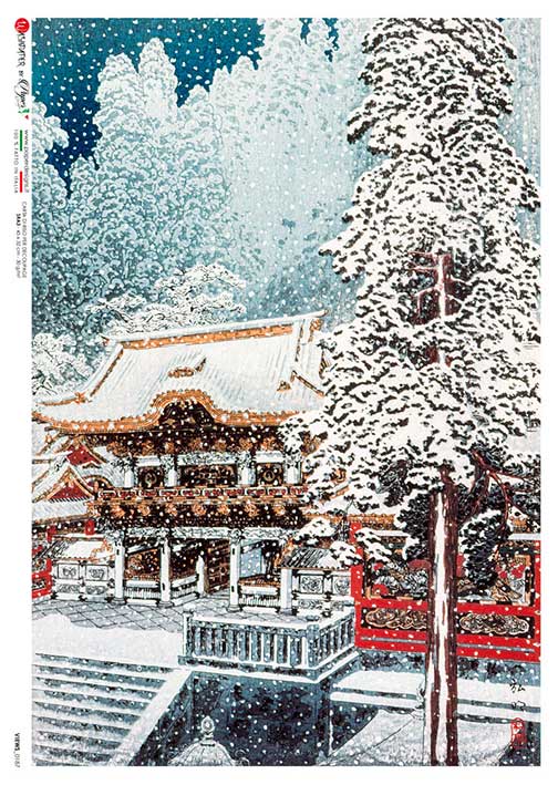 Japanese Shrine in winter European Paper Designs Italy Rice Paper is of exquisite Quality for Decoupage art