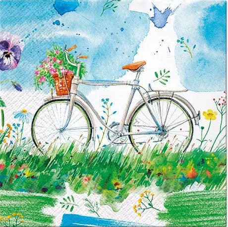 These Watercolor Bicycle Decoupage Paper Napkins are exceptional quality. Imported from Europe. 3-ply. Bicycle in colorful flower meadow with blue sky.Ideal for Decoupage Crafting