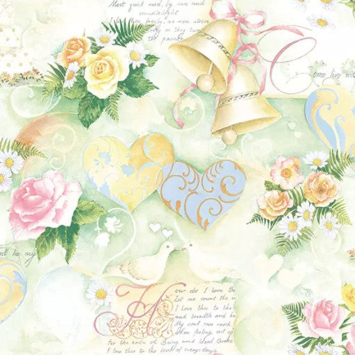 These Wedding Bells and Hearts on green background Decoupage Paper Napkins are of exceptional quality. Ideal for Decoupage Crafting, DIY craft projects, Scrapbooking, Mixed Media