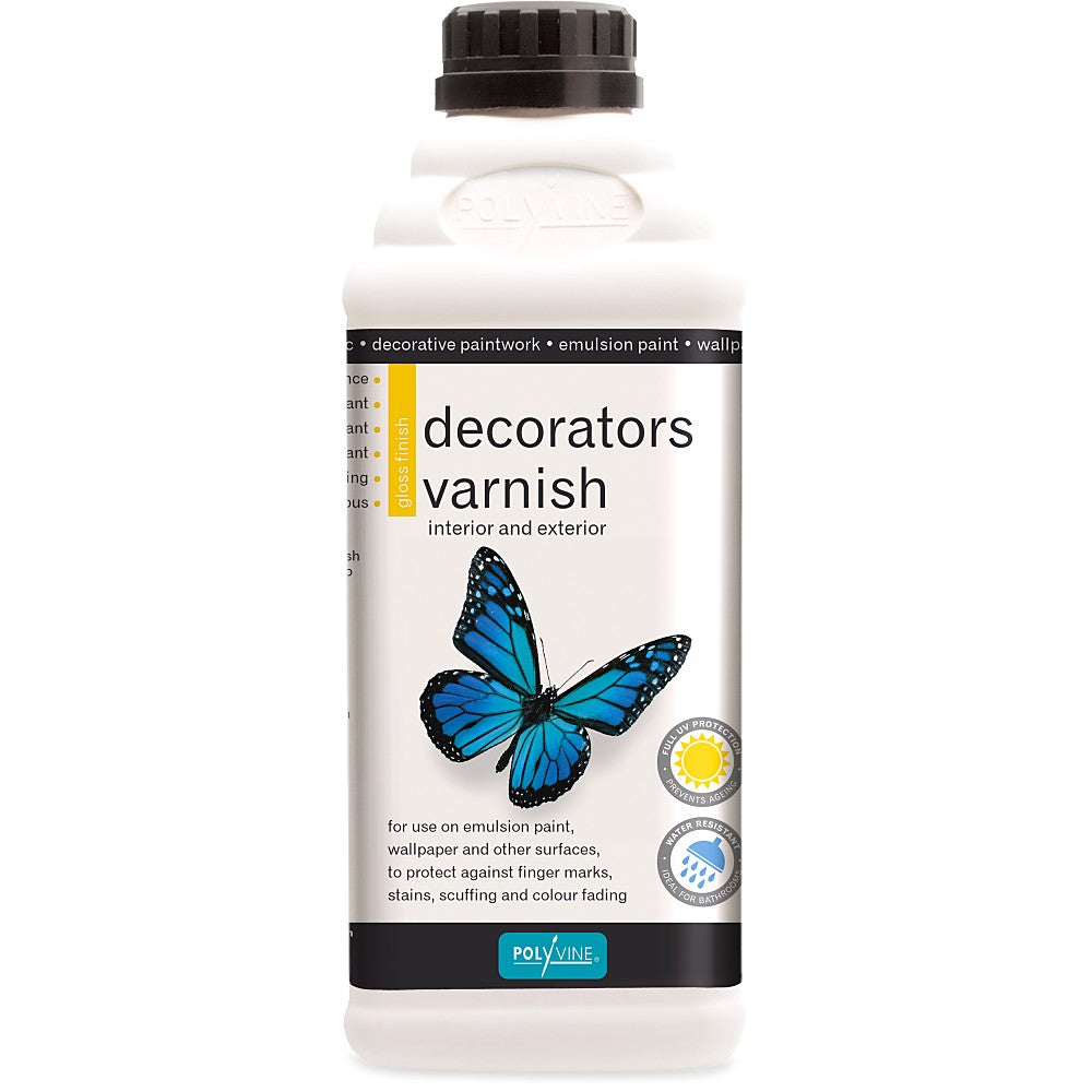 Small white bottles with black and white labels with blue butterfly for Decorator's Varnish by Polyvine