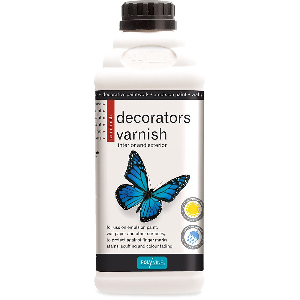 Small white bottles with black and white labels with blue butterfly for Decorator's Varnish by Polyvine