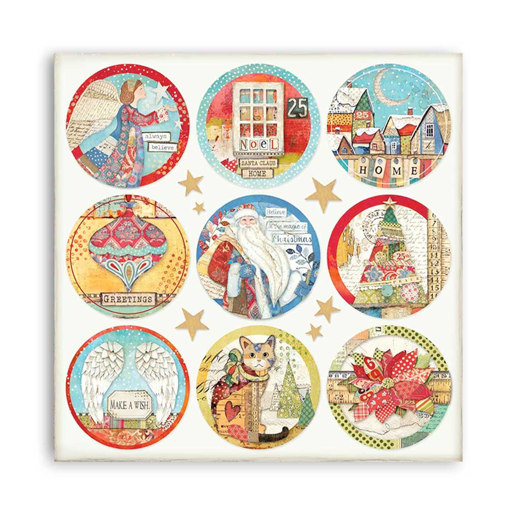 Stamperia Christmas Patchwork Rounds 12"x12" Double-Sided Cardstock. Beautiful Scrapbooking paper. Made in Italy. Their patterns are distinctive and recognized around the world.