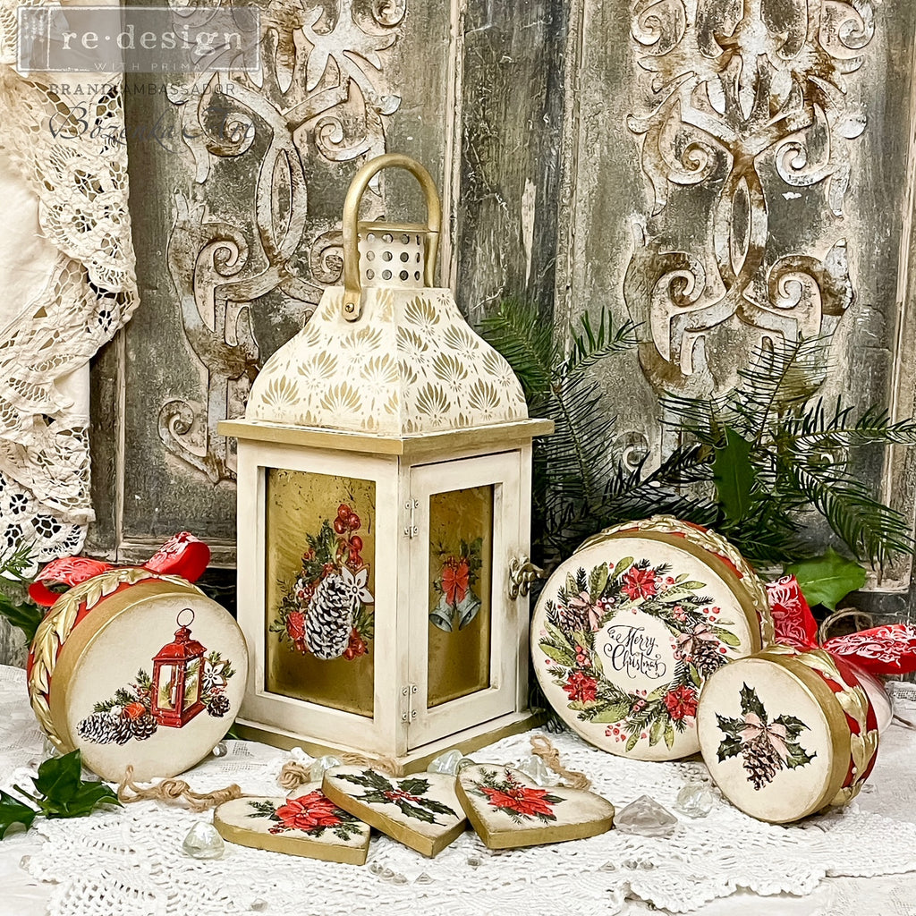 Shop Classic Christmas ReDesign with Prima Rub on Transfer with Wreath Pine Cones Greenery and Poinsettia