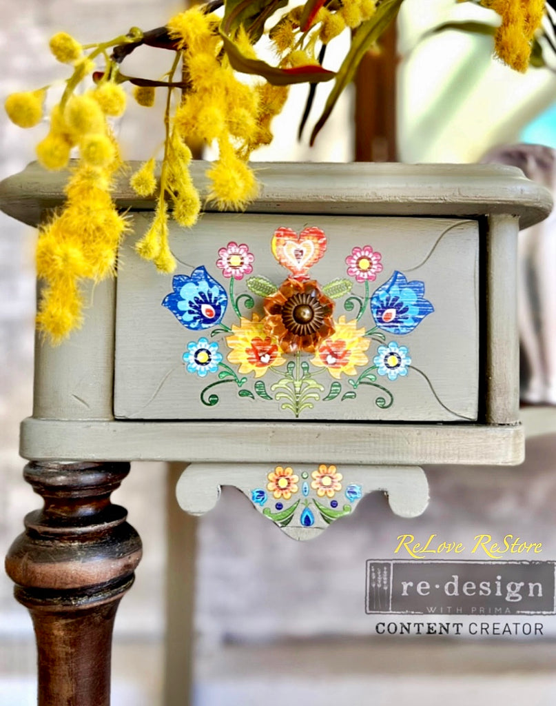 ReDesign with Prima Floral Polish Decor Transfers® are easy to use rub-on transfers for Furniture and Mixed Media uses. Simply peel, rub-on and transfer