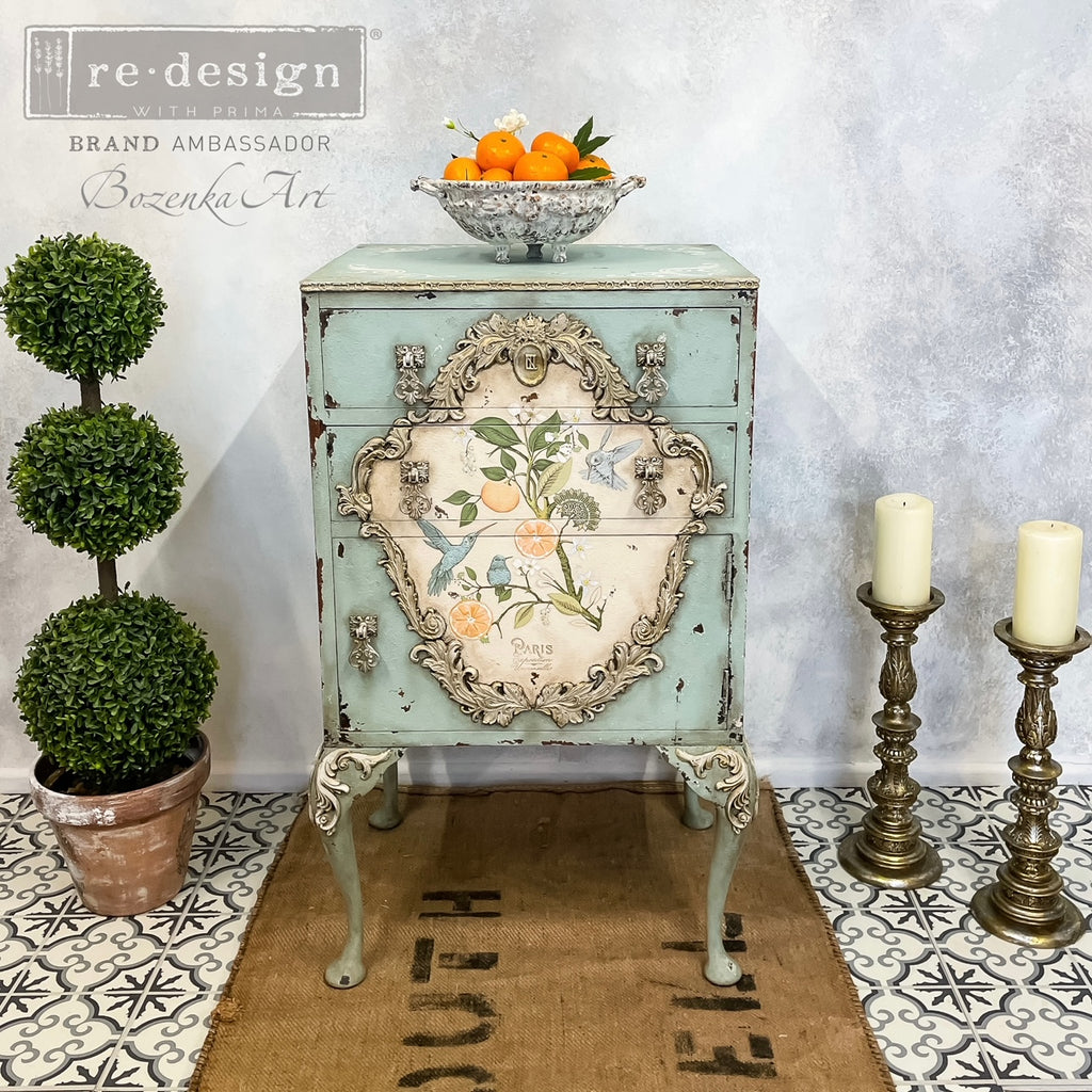 ReDesign with Prima Orange Grove Decor Transfers® are easy to use rub-on transfers for Furniture and Mixed Media uses. Simply peel, rub-on and transfer