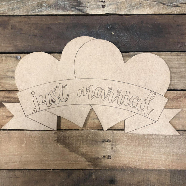 Just Married with Hearts - Wood Shape 10" Find top quality MDF wood craft cut outs for decoupage. Wooden shapes make great home décor projects